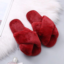 Load image into Gallery viewer, Warm Fluffy Slippers Women Cozy Faux Fur Cross Indoor Floor Slides Flat Soft Furry Flip Flops Fuzzy Slippers Cross Band Fluffy Slippers Faux Fur Slippers Plush House Open Toe Cozy Slippers For Women