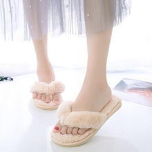 Load image into Gallery viewer, Warm Fluffy Slippers Women Cozy Faux Fur Cross Indoor Floor Slides Flat Soft Furry Flip Flops Fuzzy Slippers Cross Band Fluffy Slippers Faux Fur Slippers Plush House Open Toe Cozy Slippers For Women