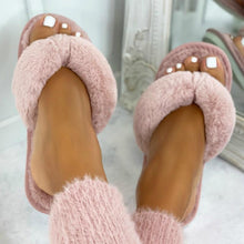 Load image into Gallery viewer, Warm Fluffy Slippers Women Cozy Faux Fur Cross Indoor Floor Slides Flat Soft Furry Flip Flops Fuzzy Slippers Cross Band Fluffy Slippers Faux Fur Slippers Plush House Open Toe Cozy Slippers For Women