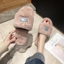 Load image into Gallery viewer, Warm Fluffy Slippers Women Faux Fur Slipper Indoor Floor Slides Flat Soft Furry House Shoes Heart Shape Flip Flops Faux Fur Memory Foam Cozy Flat Spa Slide Slippers Comfy Open Toe Design