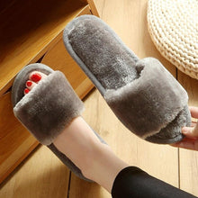 Load image into Gallery viewer, Warm Fluffy Slippers Women Faux Fur Slipper Indoor Floor Slides Flat Soft Furry House Warm Comfortable Fuzzy Furry Bedroom Slippers Indoor Cozy Memory Foam Anti-Slip Flip Flops
