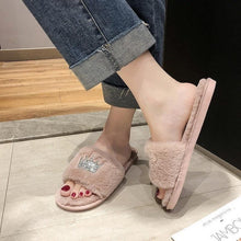 Load image into Gallery viewer, Warm Fluffy Slippers Women Faux Fur Slipper Indoor Floor Slides Flat Soft Furry House Warm Comfortable Fuzzy Furry Bedroom Slippers Indoor Cozy Memory Foam Anti-Slip Flip Flops
