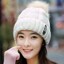 Load image into Gallery viewer, Warm Winter Skellies Beanies Knitted Hat Women Brand High Quality Winter Women Ball Ski Wool Fur Hat Pompoms Hats Knitted Scarf Women's Winter Beanie Hat, Warm Fleece Lined Knitted Soft Ski Cuff Cap with Pompom