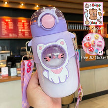 Load image into Gallery viewer, Water Bottle For Children 700ML Cute Stickers With Straw Temperature Kawaii Plastic Cup Portable Student School Bottle Girl Boy Water Bottles with Straw and Strap Cute Water Bottles Cartoon Animal Plastic Drinking Bottle Leakproof Water Bottle