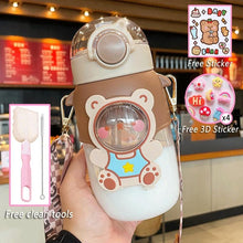 Load image into Gallery viewer, Water Bottle For Children 700ML Cute Stickers With Straw Temperature Kawaii Plastic Cup Portable Student School Bottle Girl Boy Water Bottles with Straw and Strap Cute Water Bottles Cartoon Animal Plastic Drinking Bottle Leakproof Water Bottle