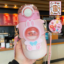 Load image into Gallery viewer, Water Bottle For Children 700ML Cute Stickers With Straw Temperature Kawaii Plastic Cup Portable Student School Bottle Girl Boy Water Bottles with Straw and Strap Cute Water Bottles Cartoon Animal Plastic Drinking Bottle Leakproof Water Bottle