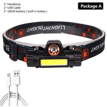 Load image into Gallery viewer, Waterproof 2 Light Mode USB LED Headlight With Magnet Rechargeable Headlamp Built-in 18650 Battery Flashlight COB Work Light For Outdoor Camping Cycling Fishing Headlamp Flashlight