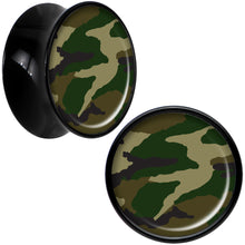 Load image into Gallery viewer, Black Acrylic Woodland Camo Print Saddle Plug Set 9/16