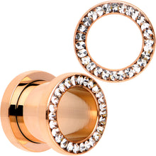 Load image into Gallery viewer, Clear CZ Gem Rose Gold PVD Bling Screw Fit Tunnel Plug Set 3mm to 16mm