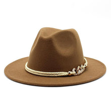 Load image into Gallery viewer, White Elegant Wide Brim Simple Hat Summer Women Lady Retro Wide Brim Hat Charming Fedora Hat Solid Color Fedoras Hat With Chain Men Women Cotton Comfortable Jazz Cap 56-58cm