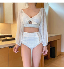 Load image into Gallery viewer, White High Waist Bikini Women Solid Swimwear Cover Up Swimsuit Sheer Mesh Tie Crop Top Bikini Sets Lace Long Sleeve Bikini Off Shoulder Swimsuit Push Up Mesh Pad Bathing Suit