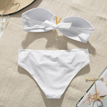Load image into Gallery viewer, White Push Up Woman Swimsuit Bikini Set Two Piece Smocked Swimsuits Ruffle Off Shoulder Bathing Suit With High Waist Bottoms New Summer Beach Bikini Set Solid Swimming Suit For Women Swimwear Bathing Suit