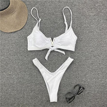 Load image into Gallery viewer, White Push Up Woman Swimsuit Bikini Set Two Piece Smocked Swimsuits Ruffle Off Shoulder Bathing Suit With High Waist Bottoms New Summer Beach Bikini Set Solid Swimming Suit For Women Swimwear Bathing Suit
