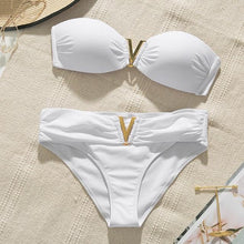 Load image into Gallery viewer, White Push Up Woman Swimsuit Bikini Set Two Piece Smocked Swimsuits Ruffle Off Shoulder Bathing Suit With High Waist Bottoms New Summer Beach Bikini Set Solid Swimming Suit For Women Swimwear Bathing Suit