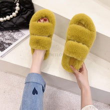 Load image into Gallery viewer, Winter Women House Furry Slippers Fashion Faux Fur Warm Shoes Slip On Flats Home Slides Plush Indoor Furry Cozy Open Toe House Shoes Indoor Outdoor Faux Fur Warm Comfy Slippers