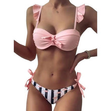 Load image into Gallery viewer, Women 2Pcs Summer Beach Bathing Suit Bowknot Ruffle Sleeve Crop Tops Striped Print Swimsuit Bikini Sets 2 Piece Ruffled V Neck Bathing Suits Summer Swimwear