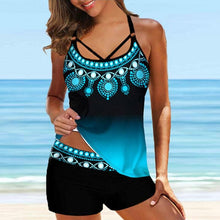 Load image into Gallery viewer, Women Beach Blue Print Backless 2 Piece Swimsuit Fashion Spaghetti Strap Female Bathing Suit Women's V Neck Tankini Set Back Tankini Top With Bikini Bottom Two Piece Bathing Suits Plus Size Swimwear