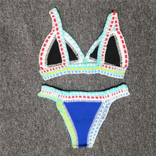 Load image into Gallery viewer, Women Bikini Set Swimwear Beachwear Low Waist Handmade Knit Swimsuit Female Bathing Suit Swimming Suit Women's Halter Sliding Triangle Bikini Sets Charming Tie Side Bathing Suit