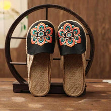 Load image into Gallery viewer, Women Casual Linen Handmade Mules Flat Slippers Retro Vegan Summer Canvas Comfortable Espadrille New Women Shoes Slides Flat Summer Style Handmade Retro Slippers