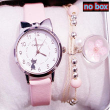 Load image into Gallery viewer, Women Charming Watch Set Pink Leather Strap Student Watch Children Black Cat Leather Strap And Round Dial Quartz Watches For Women Cat Dial With Stainless Steel Dial Quartz Watch