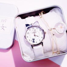 Load image into Gallery viewer, Women Charming Watch Set Pink Leather Strap Student Watch Children Black Cat Leather Strap And Round Dial Quartz Watches For Women Cat Dial With Stainless Steel Dial Quartz Watch