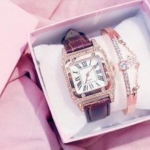 Load image into Gallery viewer, Women Diamond Watch Starry Square Dial Bracelet Watches Set Ladies Leather Band Quartz Wristwatch Minimalist Transparent Leather Watch For Girls Band Casual Analog Quartz Ladies Watch