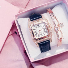 Load image into Gallery viewer, Women Diamond Watch Starry Square Dial Bracelet Watches Set Ladies Leather Band Quartz Wristwatch Minimalist Transparent Leather Watch For Girls Band Casual Analog Quartz Ladies Watch