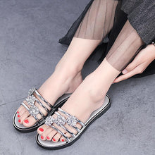 Load image into Gallery viewer, Women Fashion Silver High Quality Anti Skid Beach Sandals Lady Casual Golden Crystal Summer Home Sandals Women's T-Strap Thong Crystal Rhinestone Glitter Stretch Flat Sandal
