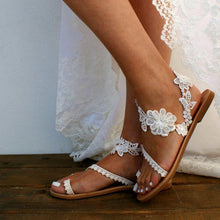 Load image into Gallery viewer, Women Flat Shoes Summer Bohemian Sandal Lace Straps Floral Style Sandal White Beach Shoes Clip Toe Casual Lace Floral Beach Flip Flop Comfy Shoes Summer Elegant Toe Ring Sandals
