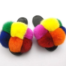 Load image into Gallery viewer, Women Fox Fur Slides Home Beautiful Flat Sandals Female Cute Fluffy House Woman Fur Fluffy Slippers Furry Slides Summer Sandals Open Toe Indoor Outdoor Comfortable Slides Sandals