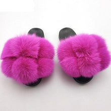 Load image into Gallery viewer, Women Fox Fur Slides Home Beautiful Flat Sandals Female Cute Fluffy House Woman Fur Fluffy Slippers Furry Slides Summer Sandals Open Toe Indoor Outdoor Comfortable Slides Sandals
