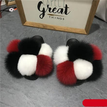 Load image into Gallery viewer, Women Fox Fur Slides Home Beautiful Flat Sandals Female Cute Fluffy House Woman Fur Fluffy Slippers Furry Slides Summer Sandals Open Toe Indoor Outdoor Comfortable Slides Sandals