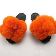 Load image into Gallery viewer, Women Fox Fur Slides Home Beautiful Flat Sandals Female Cute Fluffy House Woman Fur Fluffy Slippers Furry Slides Summer Sandals Open Toe Indoor Outdoor Comfortable Slides Sandals