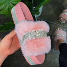 Load image into Gallery viewer, Women Fur Slippers Summer Home Flat Fur Slides For Women Fluffy Shoes Glitter Women' Casual Shoes House Slippers With Arch Support Slip-On Slippers For Women Flat Sandals