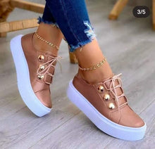 Load image into Gallery viewer, Women Gold Sneakers White Round Head Platform Causal Sports Cute Pink Fashion Flats Exclusive Women's Cult Fashionable High Platform Calf White Sneaker Lace Up Stylish Casual Walking Sneakers