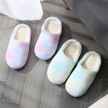 Load image into Gallery viewer, Women Home Slippers With Faux Fur Flats Heel Winter Shoes Keep Warm Shoes For Woman Rainbow Faux Fur Warm Memory Foam Slippers Suede Slip-on Cozy House Shoes Non-Slip Sole