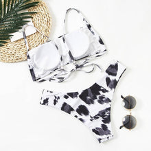 Load image into Gallery viewer, Women Lace Up Black Print Bikini Set Beach Swimsuit Women's Halter Self Bikini Set Padded Top Two Piece Swimsuit Summer Padded Bra Swim Panties Bandage Vintage Bathing Suit