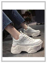 Load image into Gallery viewer, Women Platform Sneakers Leather Casual Ladies Chunky Shoes Woman High Black Fashion Thick Soled Sports Walking Shoes Lace Up Platform Leather Trainers Sneakers