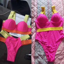 Load image into Gallery viewer, Women Push Up Bikini Women Neon Bandage Swimwear Women Patchwork Bikini Swimsuit 2 Piece Cutout Molded Push Up Bathing Suit Ruffle Hook Closure Bikini Set Two Piece Bathing Suit
