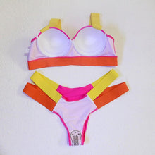 Load image into Gallery viewer, Women Push Up Bikini Women Neon Bandage Swimwear Women Patchwork Bikini Swimsuit 2 Piece Cutout Molded Push Up Bathing Suit Ruffle Hook Closure Bikini Set Two Piece Bathing Suit