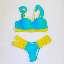 Load image into Gallery viewer, Women Push Up Bikini Women Neon Bandage Swimwear Women Patchwork Bikini Swimsuit 2 Piece Cutout Molded Push Up Bathing Suit Ruffle Hook Closure Bikini Set Two Piece Bathing Suit