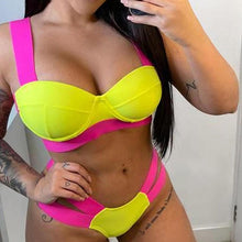 Load image into Gallery viewer, Women Push Up Bikini Women Neon Bandage Swimwear Women Patchwork Bikini Swimsuit 2 Piece Cutout Molded Push Up Bathing Suit Ruffle Hook Closure Bikini Set Two Piece Bathing Suit