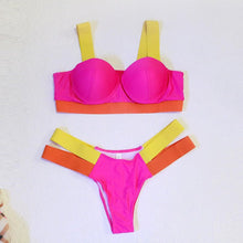 Load image into Gallery viewer, Women Push Up Bikini Women Neon Bandage Swimwear Women Patchwork Bikini Swimsuit 2 Piece Cutout Molded Push Up Bathing Suit Ruffle Hook Closure Bikini Set Two Piece Bathing Suit
