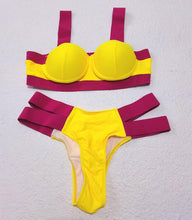 Load image into Gallery viewer, Women Push Up Bikini Women Neon Bandage Swimwear Women Patchwork Bikini Swimsuit 2 Piece Cutout Molded Push Up Bathing Suit Ruffle Hook Closure Bikini Set Two Piece Bathing Suit