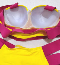 Load image into Gallery viewer, Women Push Up Bikini Women Neon Bandage Swimwear Women Patchwork Bikini Swimsuit 2 Piece Cutout Molded Push Up Bathing Suit Ruffle Hook Closure Bikini Set Two Piece Bathing Suit