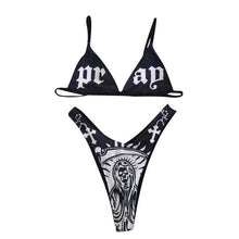 Load image into Gallery viewer, Women’s Funny Printed 2Pcs Bikini Suits Women's Scalloped Triangle Bikini Print Bottom Two Piece Swimsuit Deep V-neck Detachable Breast Pad Sling Tops with Triangle Bottoms Swimsuits