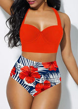 Load image into Gallery viewer, Women's Push Up Padded Bra Bikini Set Women Vintage Tropical Print Swimsuit Retro Halter High Waist Bikinis Bra Set Swimwear Two Piece Bathing Suit High Waist Swimsuit Floral Bathing Suit Swimwear Summer Bathing Suit Beachwear