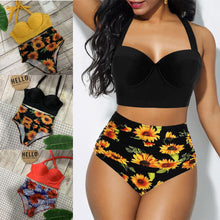 Load image into Gallery viewer, Women's Push Up Padded Bra Bikini Set Women Vintage Tropical Print Swimsuit Retro Halter High Waist Bikinis Bra Set Swimwear Two Piece Bathing Suit High Waist Swimsuit Floral Bathing Suit Swimwear Summer Bathing Suit Beachwear