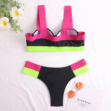 Load image into Gallery viewer, Women's Swimsuits Swimwear Patchwork Bikini Woman Push up Bikinis Swimsuit Bathing Suits Women Rave Neon Patchwork Bikini Swimsuit 2 Piece Cutout Molded Push Up Bathing Suit