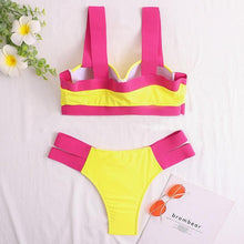 Load image into Gallery viewer, Women's Swimsuits Swimwear Patchwork Bikini Woman Push up Bikinis Swimsuit Bathing Suits Women Rave Neon Patchwork Bikini Swimsuit 2 Piece Cutout Molded Push Up Bathing Suit